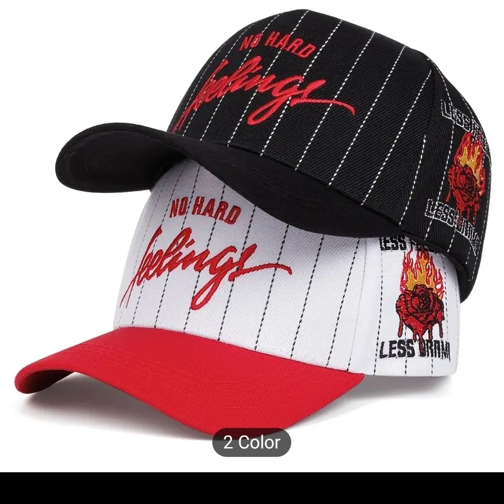 Black and White Pinstripe Caps with Red Accents